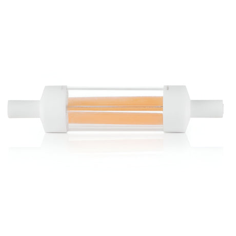 A transparent filter with a cylindrical, glass-like center containing orange material resembles the 6W R7s Dimmable COB LED Bulb - 4000K. It features white, solid end caps and is positioned horizontally on a plain white background, embodying the qualities of customizable ambiance and energy-efficient lighting.