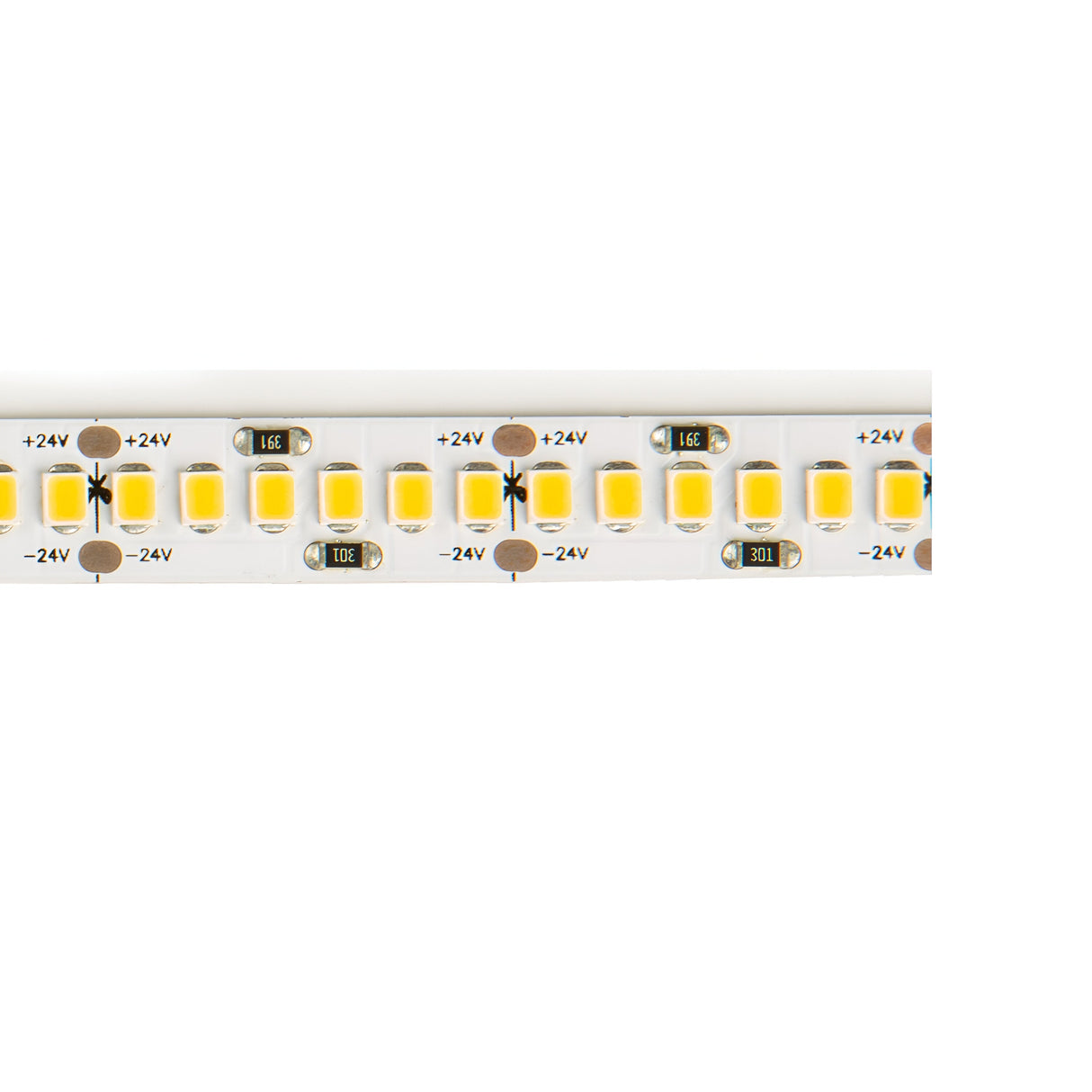 A close-up view of the Ecliptus 24V Dimmable LED Strip Light reveals multiple yellow diodes arranged in a straight row on a white background. Small electronic components and markings, including +24V, are visible between the diodes, highlighting its 4000K color temperature.