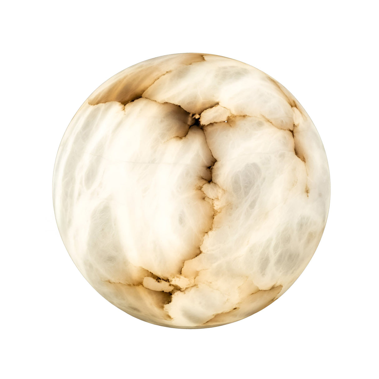 The Zavero 1 Light Orb Alabaster Table Lamp features a polished, creamy white finish with natural brown veining, resembling marble or onyx, shown against a plain white background.