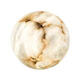 The Zavero 1 Light Orb Alabaster Table Lamp features a polished, creamy white finish with natural brown veining, resembling marble or onyx, shown against a plain white background.
