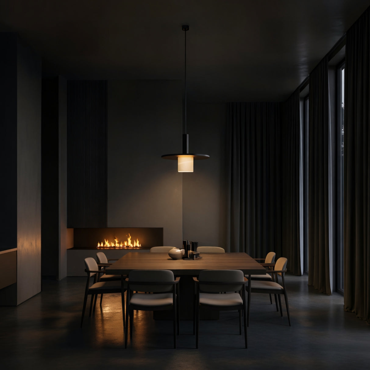 A modern dining room with a rectangular table, eight chairs, dark walls, tall curtains, a warm fireplace, and the Norevia 1 Light Cube Wide Alabaster Single Pendant Light in Soft White & Matte Black creates a moody, minimalist vibe.