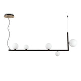 The Ethereal 5 Light Suspension - Black is a contemporary light fixture with an industrial flair, showcasing five white glass globes. Its geometric and minimalist design is accentuated by a black metal frame suspended from a circular ceiling mount with a slender cord.