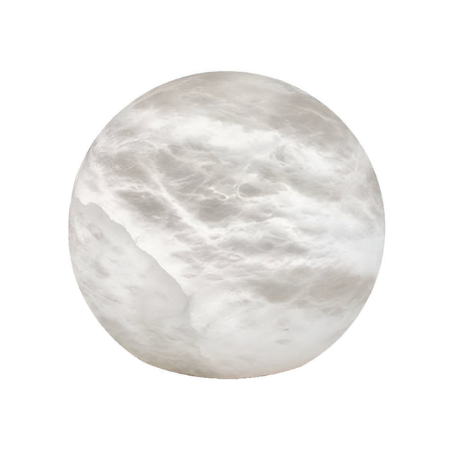 The Marvello 1 Light Orb Alabaster Table Lamp in Soft White features a smooth, round shape with subtle gray marbling, resembling Spanish alabaster, beautifully displayed against a plain white background.