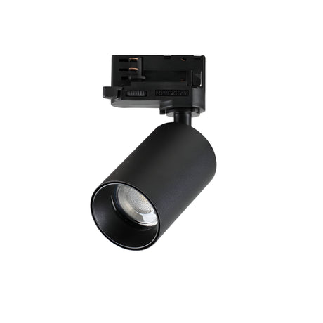 Introducing the Glimmera Three Phase Track Spotlight in black, showcasing a cylindrical design with an adjustable head for precise light direction. This dimmable fixture is set against a white background, emphasizing its sleek and modern look.