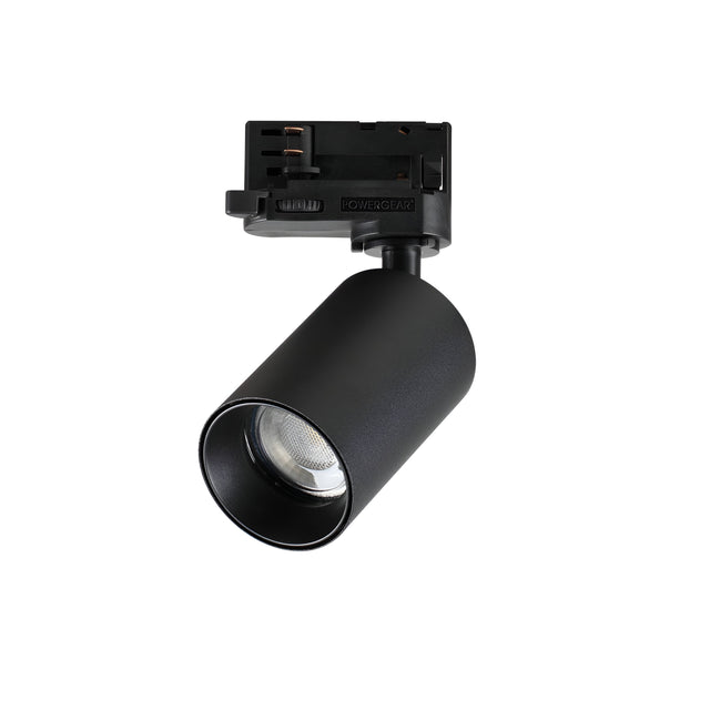 Introducing the Glimmera Three Phase Track Spotlight in black, showcasing a cylindrical design with an adjustable head for precise light direction. This dimmable fixture is set against a white background, emphasizing its sleek and modern look.
