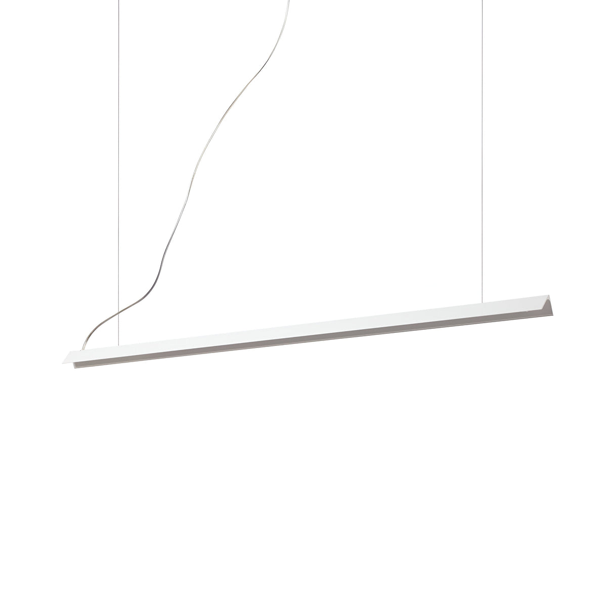 The Flicker LED Linear Suspension 20W 3000K - White is a minimalist pendant light that hangs gracefully by two thin wires. It showcases a sleek, elongated white bar with a subtle curved design and has a single power cord extending from the top of the fixture—perfect for enhancing modern decor with its minimalist lighting style.