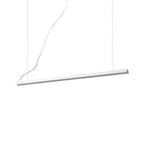 The Flicker LED Linear Suspension 20W 3000K - White is a minimalist pendant light that hangs gracefully by two thin wires. It showcases a sleek, elongated white bar with a subtle curved design and has a single power cord extending from the top of the fixture—perfect for enhancing modern decor with its minimalist lighting style.