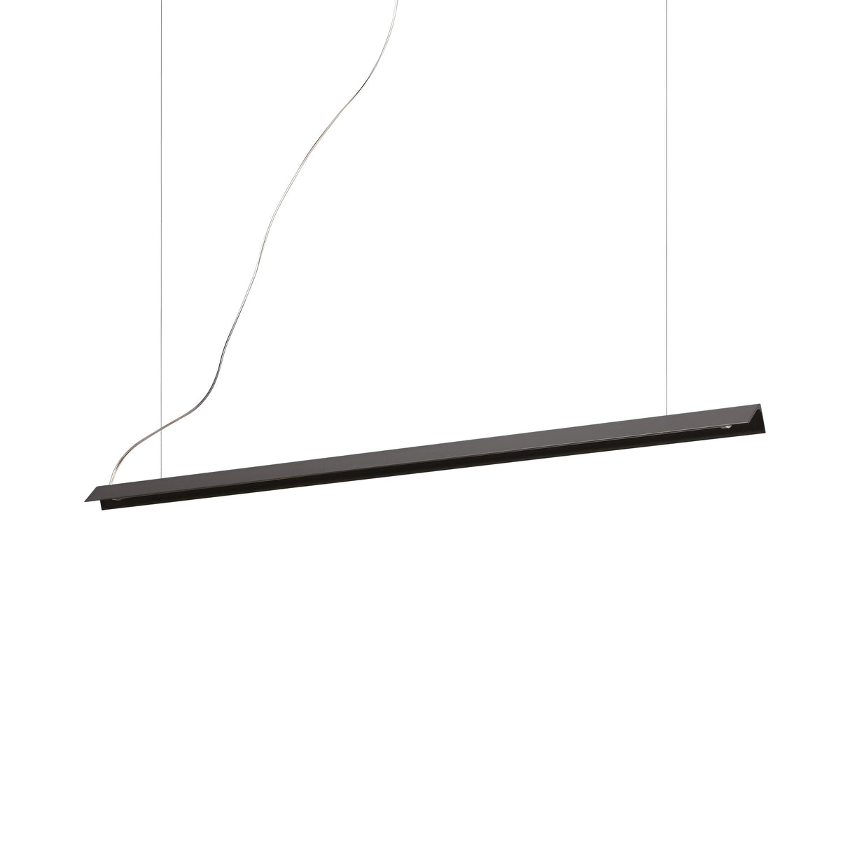 The Flicker LED Linear Suspension 20W 3000K in Black features a sleek, modern design, elegantly suspended from the ceiling by two slim cords against a plain white background. This contemporary lighting solution merges minimalist aesthetics with energy-efficient illumination in its slender, linear form.