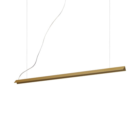 The Flicker LED Linear Suspension 20W 3000K in Brass features a minimalist and modern design with a thin, angled brass bar suspended by two slender cables against a white background. This energy-efficient lighting solution offers sleek elegance and innovation in a compact form.