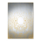 Oxide Bronze Printed Glass Wall Mirror 142cm, a frameless rectangular mirror with a mottled gold pattern that fades toward a clear central oval, shown against a plain white background.