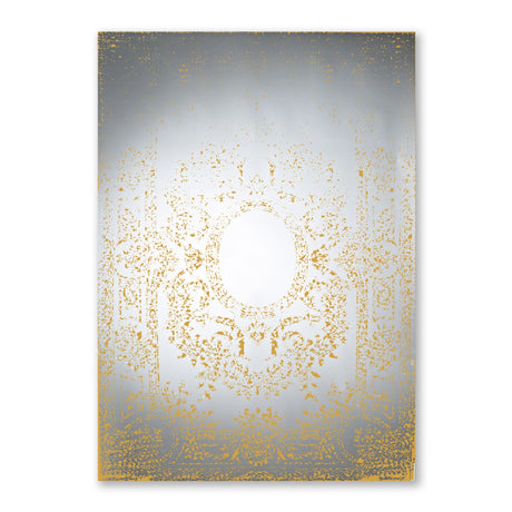 Oxide Bronze Printed Glass Wall Mirror 142cm, a frameless rectangular mirror with a mottled gold pattern that fades toward a clear central oval, shown against a plain white background.