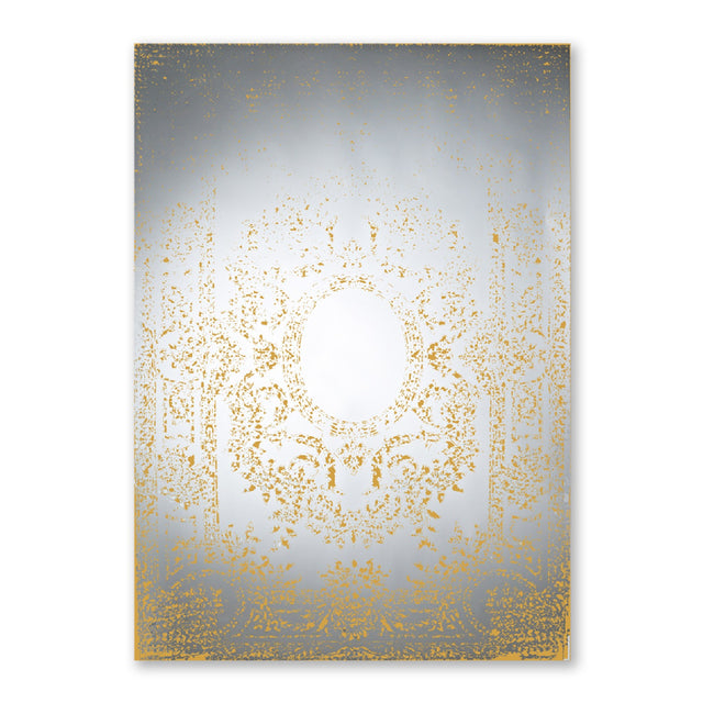 Oxide Bronze Printed Glass Wall Mirror 142cm, a frameless rectangular mirror with a mottled gold pattern that fades toward a clear central oval, shown against a plain white background.