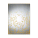 Oxide Bronze Printed Glass Wall Mirror, 142cm rectangular frameless design with mottled gold pattern dense at the edges and a clear central oval, shown on a plain white background.