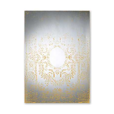 Oxide Bronze Printed Glass Wall Mirror, 142cm rectangular frameless design with mottled gold pattern dense at the edges and a clear central oval, shown on a plain white background.
