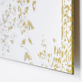 Close-up corner detail of the Oxide Bronze Printed Glass Wall Mirror, frameless rectangular glass with mottled gold pattern and visible 2.5cm edge, shown against a plain white background.