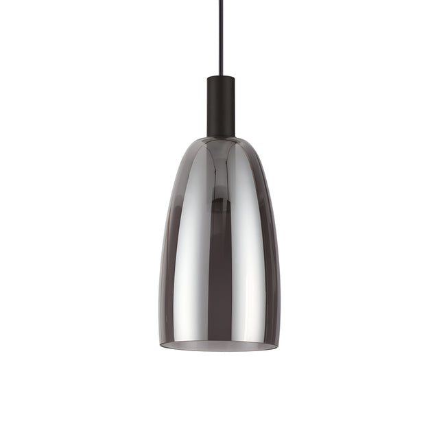 Introducing the Shade-2 LED Light Pendant in Black: a sleek, modern pendant with a glossy, smooth surface. This lamp is elegantly suspended from a cord and features a reflective silver finish, providing it with a contemporary appearance that exudes elegance and an industrial touch.
