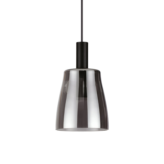 The Shade-3 LED Light Pendant - Black boasts a contemporary design with a sleek, smoked glass shade in dark gray. It is suspended by a black cord and features a minimalist aesthetic with a glossy finish.