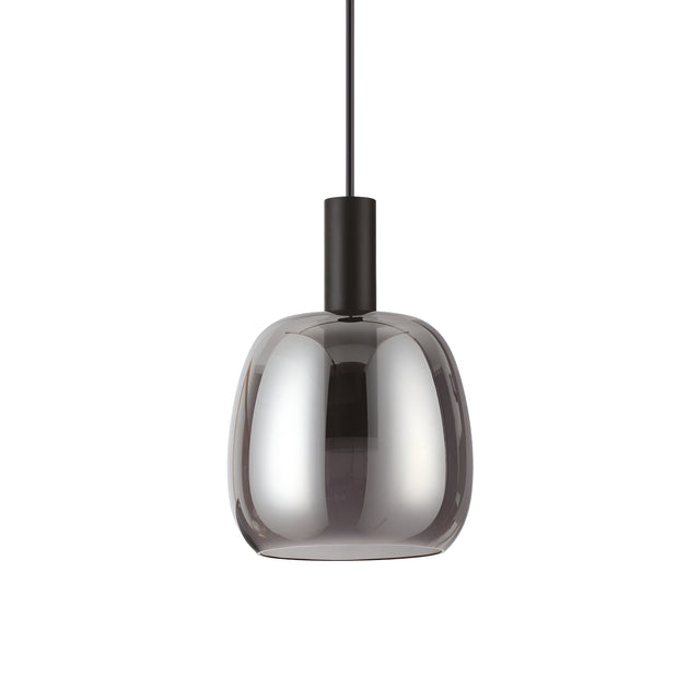 The Shade-1 LED Light Pendant - Black combines a glossy metallic finish with a modern rounded design. It is suspended from a black cord and fixture, featuring a chic smoked glass shade that enhances its sleek and contemporary style.