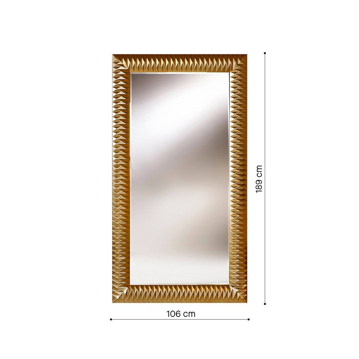 Dimension drawing of the full length gold leaf framed mirror, marked 106cm wide by 189cm high with a depth of 6cm.