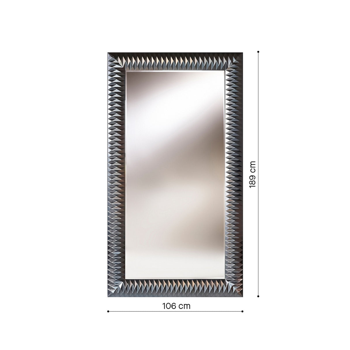 Nick Silver Leaf full length wall mirror, 189cm by 106cm, with a rectangular frame featuring a faceted, folded silver leaf surround, shown against a plain white background with dimension markers.