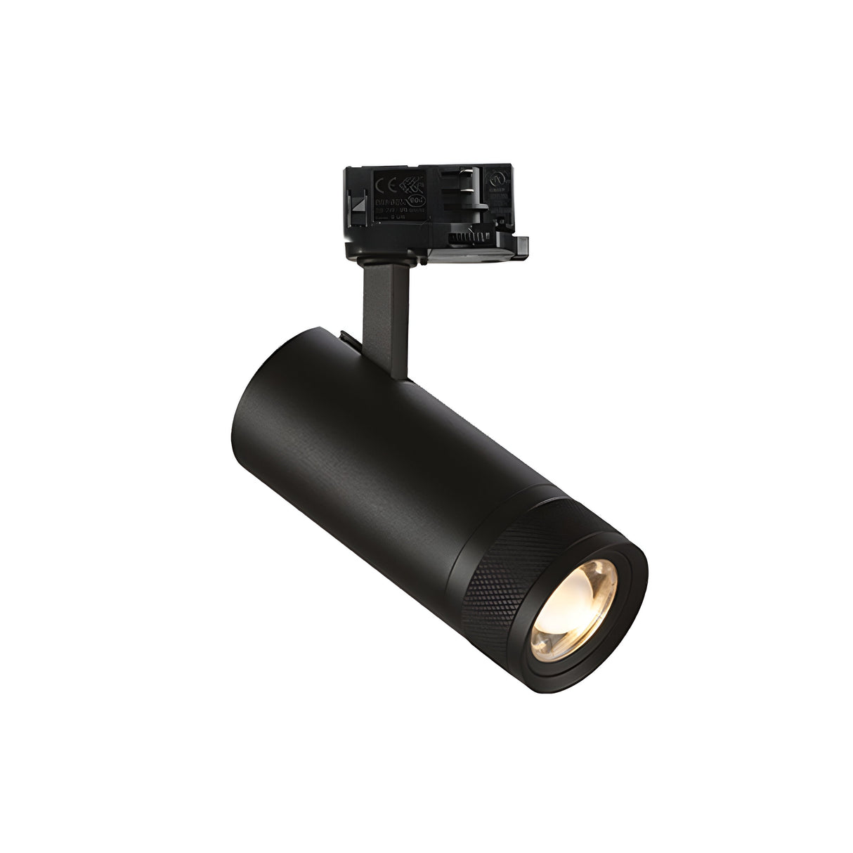 The Solis Three Phase LED Track Spotlight 15W 3000K in black, featuring a sleek cylindrical design, is mounted on a bracket offering an adjustable lighting solution. It softly illuminates the area while standing isolated against a plain white background.