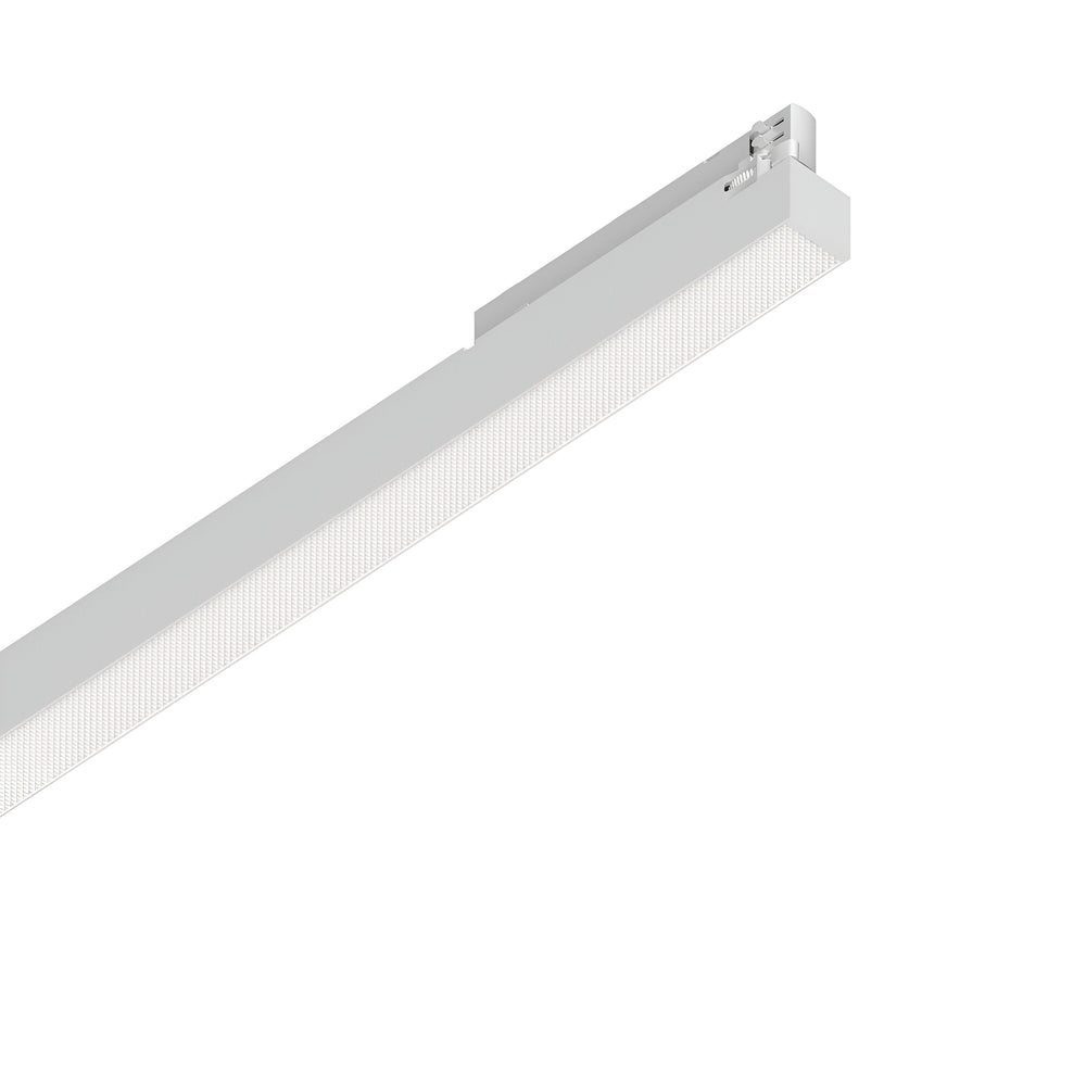 The Dune UGR 3-Phase LED Linear Track Light 28W in white, measuring 1065cm, is elegantly mounted on a white surface. This elongated rectangular fixture offers a sleek, minimalist design and features a 4000K colour temperature for modern and balanced lighting.