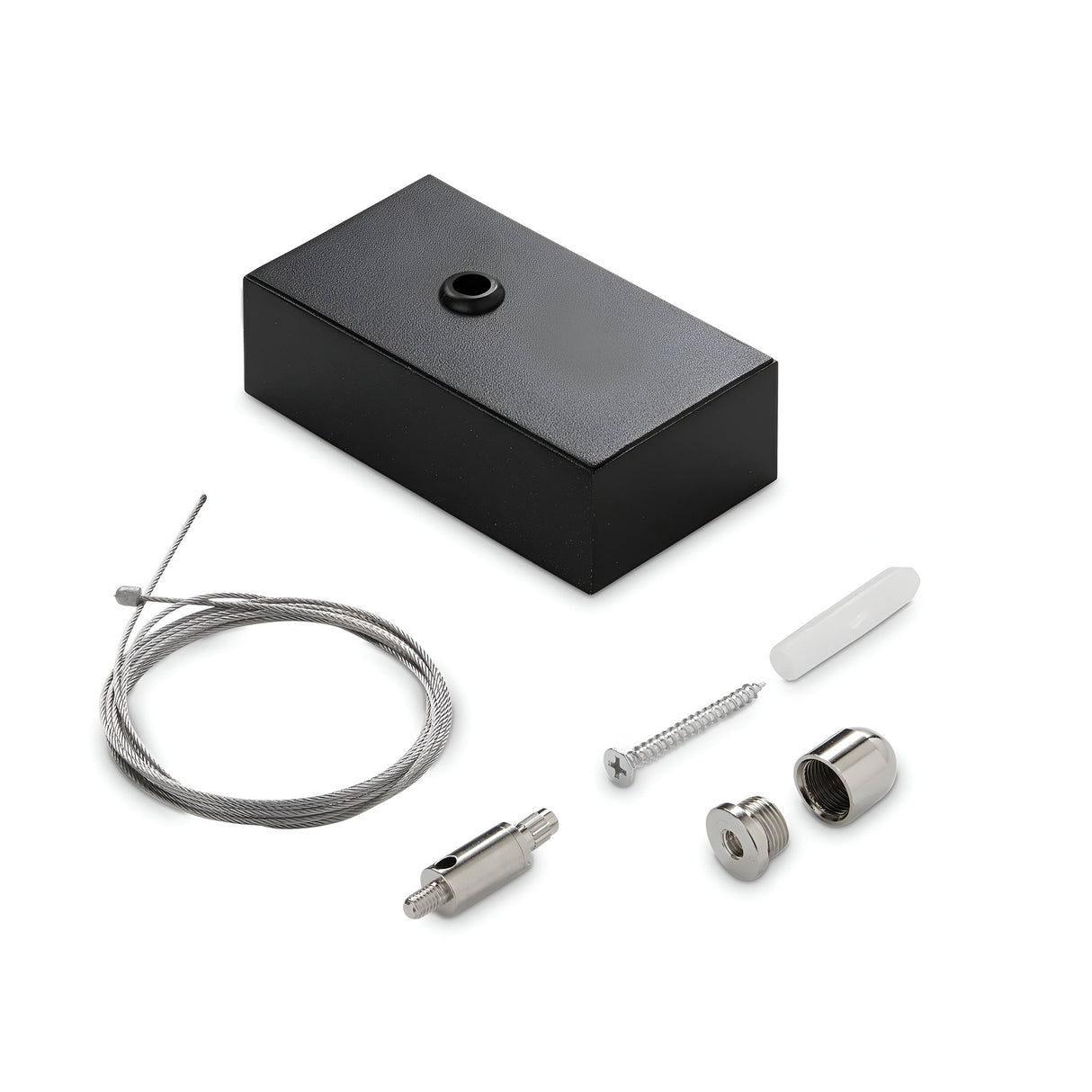 The Ignitia Kit LED Suspension Steel Cable 2m and Black Ceiling Cap is displayed against a white background, featuring a black rectangular ceiling cap with a circular hole on top, accompanied by a coiled steel cable, metal screw, small metal cylinder, two metal components, and an LED suspension piece.