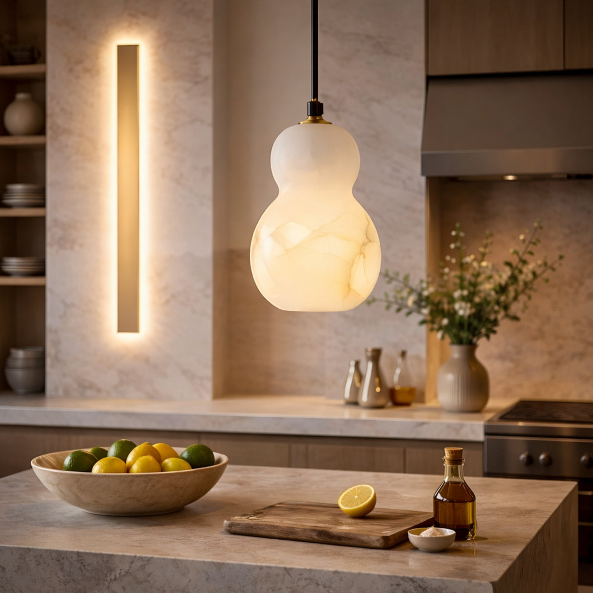 A modern kitchen with marble countertops, a bowl of citrus fruits, a sliced lemon on a cutting board, a small bottle of oil, greenery in a vase, and the Orlune LED Sculpted Pear Alabaster Single Pendant Light in soft white overhead.