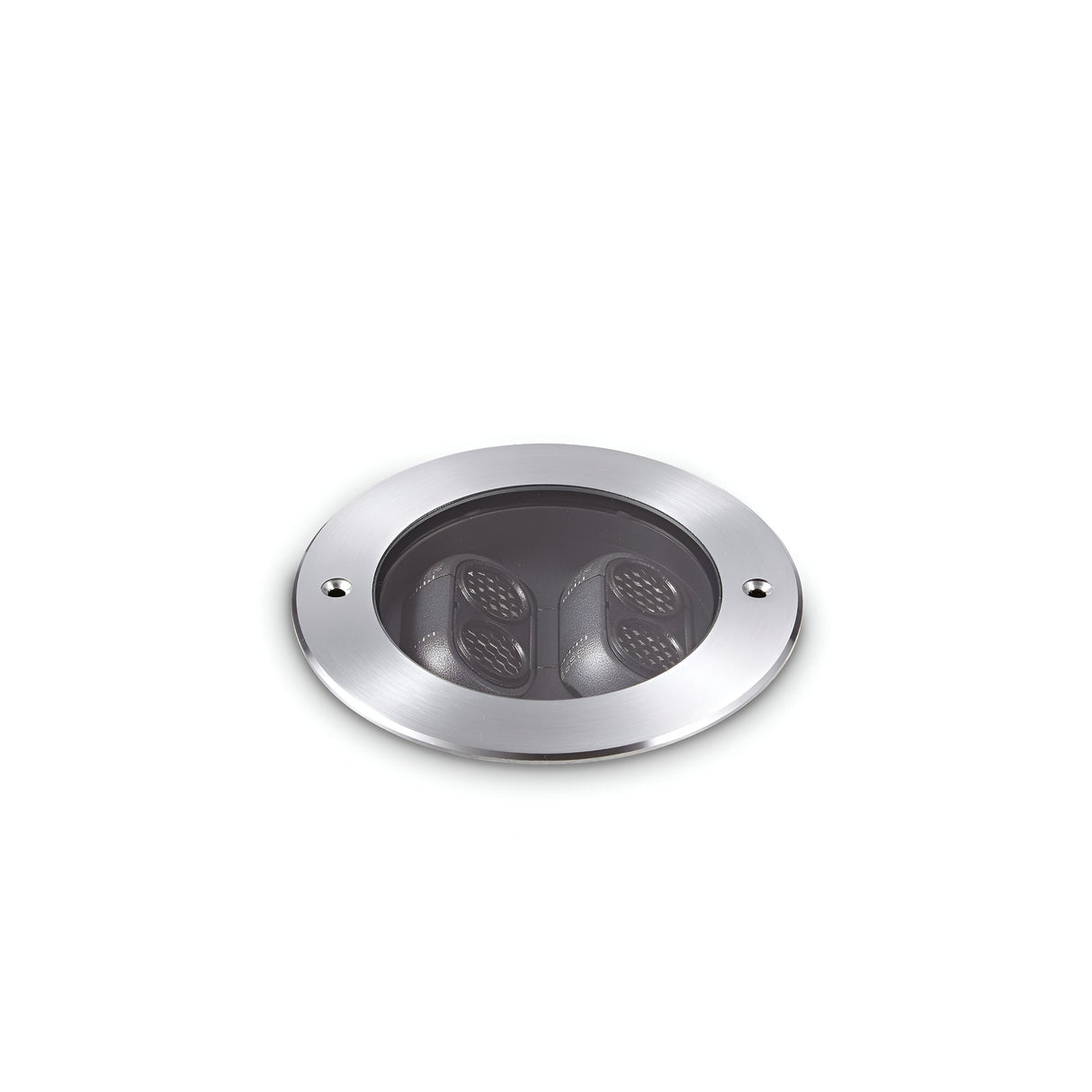 A round, grey recessed ceiling light with two black inner components set against a plain white background. This elegant fixture reflects the durability of the Zephyra Outdoor LED Round Recessed Ground Light, featuring an IP67 rating and 11W power with a warm 3000K color temperature.