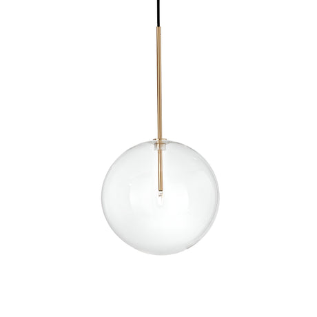 Introducing the Solarae 1 Light Glass Pendant - Brass, 25cm: This contemporary lighting fixture boasts a clear globe paired with a chic, vertical antique brass rod at its core. Its minimalist design beautifully highlights the suspended spherical shape against a pristine white backdrop.