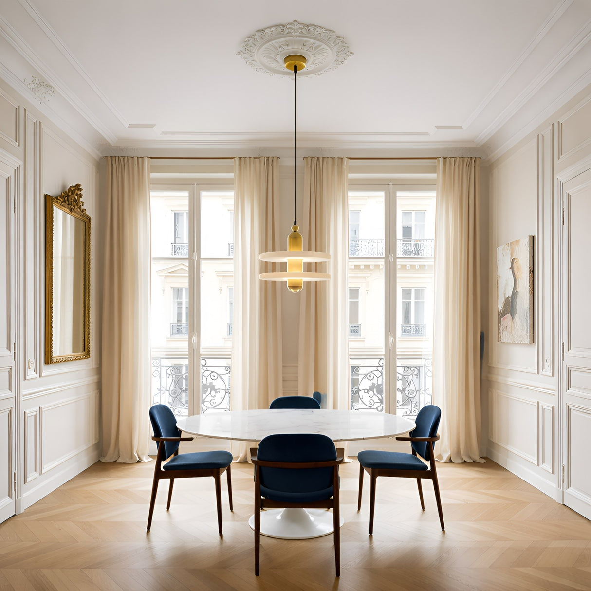 Elegant dining room with a round white marble table, four blue upholstered chairs, large windows with sheer beige curtains, a gold-framed mirror, wall art on the right, and the Nyxara LED Large Double Tiered Alabaster Pendant overhead.