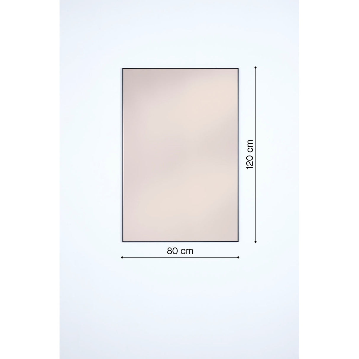 Lucka rectangular wall mirror, 120cm x 80cm, bronze-tinted glass in a slim black metal frame, shown against a plain white background with dimension labels.