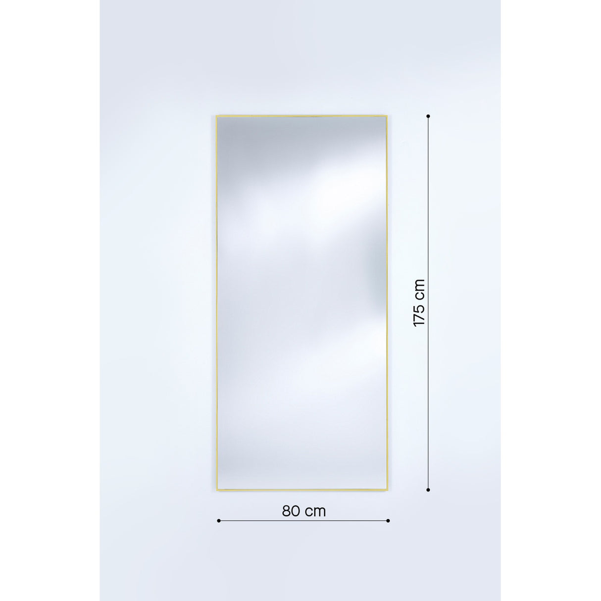 Lucka Gold Framed Full Length Mirror, a rectangular wall mirror with a slim gold metal frame and clear glass, shown with 175cm by 80cm dimension labels on a plain light background.