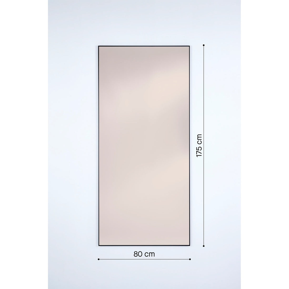 Lucka Bronze Tinted Full Length Mirror, rectangular with slim black metal frame, 175cm x 80cm, shown on a plain white background with dimensions labelled.