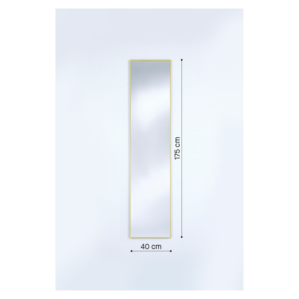 Lucka Gold rectangular full-length mirror with a slim gold metal frame, 40cm wide and 175cm tall, shown on a plain white background with dimension markers.
