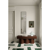 Lucka Black Slim Framed Full Length Mirror, 175cm rectangular design with slim black metal frame, shown leaning in a hallway above a dark wood console table.