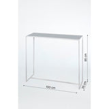 Mesa White console table with slim white metal frame and grey mirrored glass top, shown with dimensions 100cm wide, 85cm high, 35cm deep on a plain white background.
