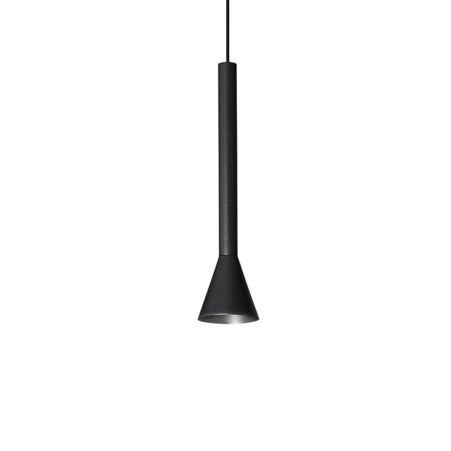 The Solenia LED Light Pendant 7W 3000K - Black features a sleek, modern design with a cylindrical body that tapers into a cone-shaped shade, utilizing energy-efficient LED technology and is elegantly suspended from the ceiling.