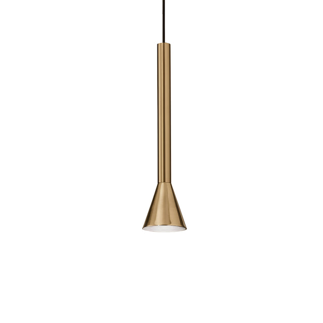 The Solenia LED Light Pendant 7W 3000K - Brass showcases a contemporary design with its sleek, elongated brass finish body and conical shade, all suspended from a black cord. With energy-efficient LED technology, it provides brilliant illumination against a plain white background.