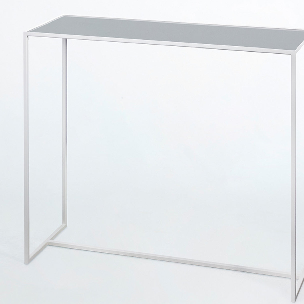 Mesa White console table with slim white metal frame and grey mirrored glass top, shown against a plain white background.