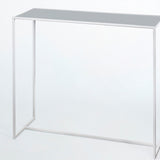 Mesa White console table with slim white metal frame and grey mirrored glass top, shown against a plain white background.