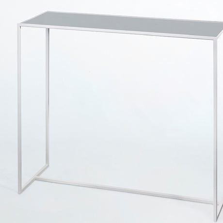 Mesa White console table with slim white metal frame and grey mirrored glass top, shown against a plain white background.