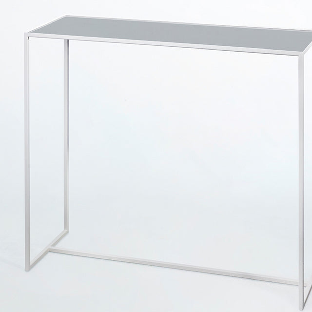 Mesa White console table with slim white metal frame and grey mirrored glass top, shown against a plain white background.