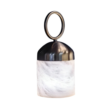The Aurelio LED Ring-Handle Alabaster Table Lamp features a satin nickel top, circular handle, and cylindrical soft white base with a marble-like look—ideal for modern spaces and shown against a white background.