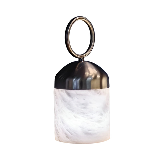 The Aurelio LED Ring-Handle Alabaster Table Lamp features a satin nickel top, circular handle, and cylindrical soft white base with a marble-like look—ideal for modern spaces and shown against a white background.