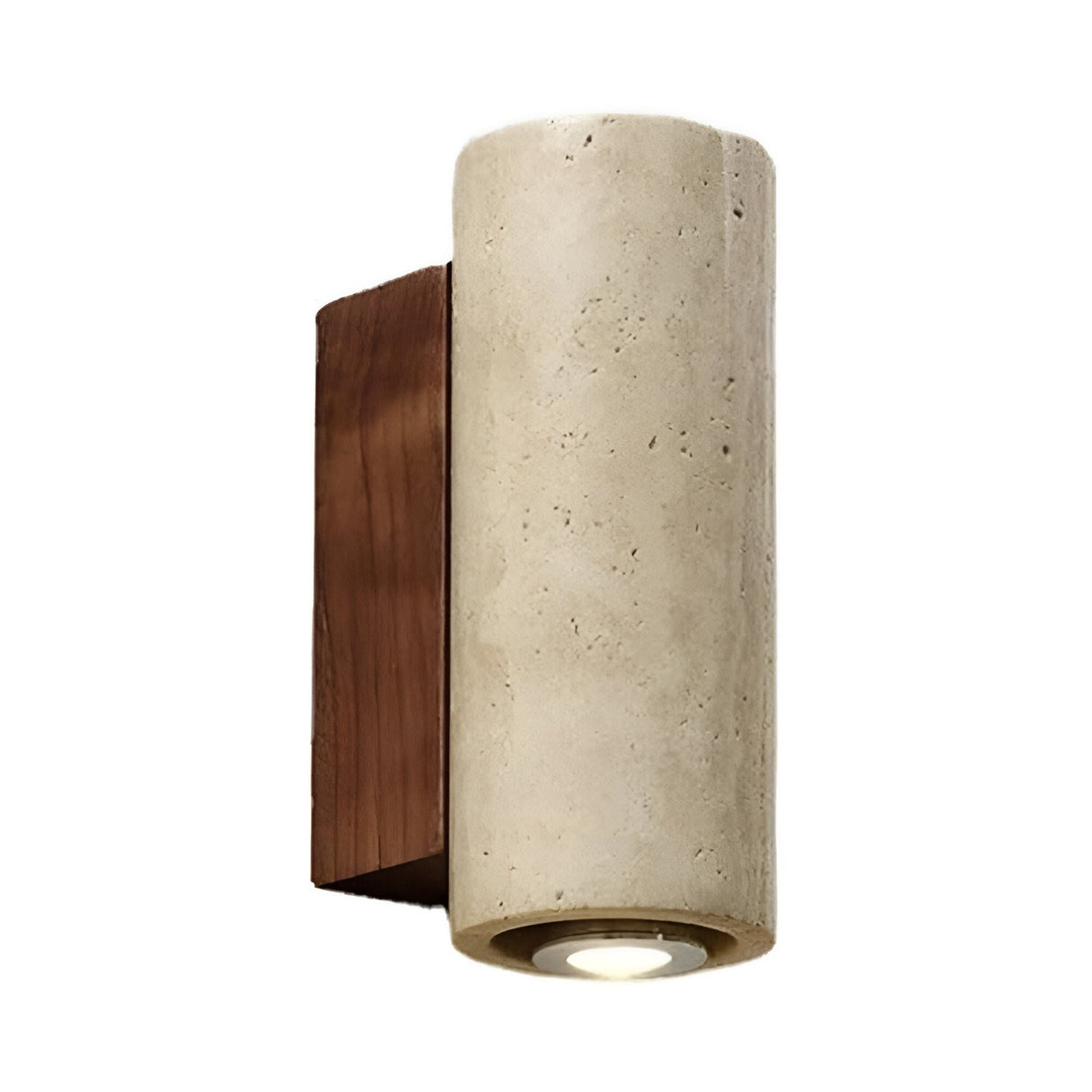The Dorsa 1 Light Small Cylinder Travertine Wall Light features a light beige cylindrical shade and a walnut brown backplate, offering a contemporary downward glow inspired by classic travertine designs.