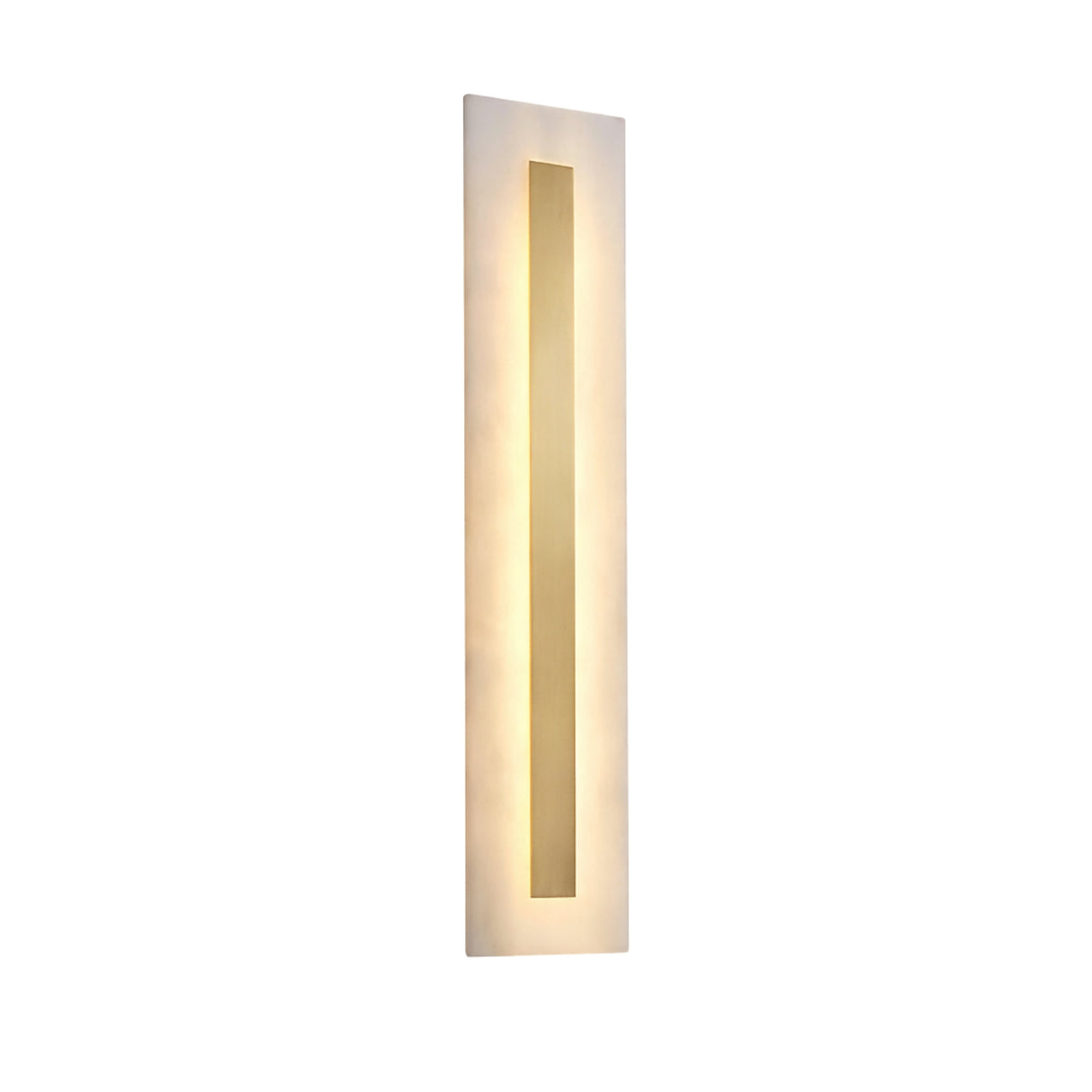 The Averra LED Large Rectangle Alabaster Wall Light in soft white and brass features a modern rectangular design with a frosted alabaster surface and central translucent panel, casting a gentle warm glow.