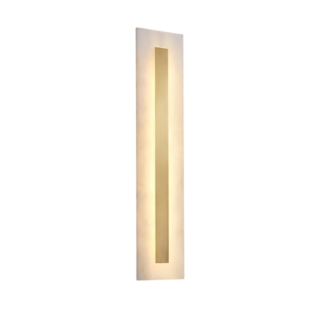 The Averra LED Large Rectangle Alabaster Wall Light in soft white and brass features a modern rectangular design with a frosted alabaster surface and central translucent panel, casting a gentle warm glow.