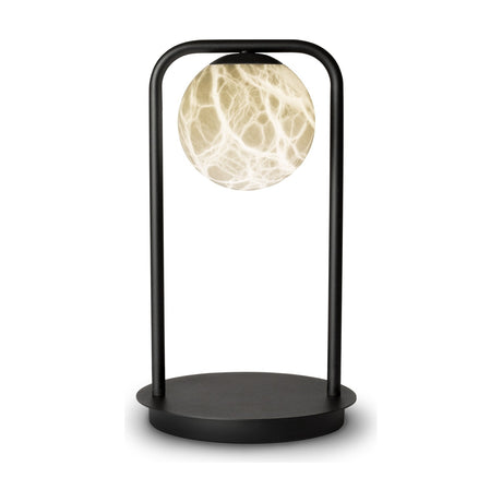 Halvessa LED Dimmable Table Lamp in black iron with a round alabaster globe glowing warm white, set within an arched frame on a flat circular base, shown on a plain white background.
