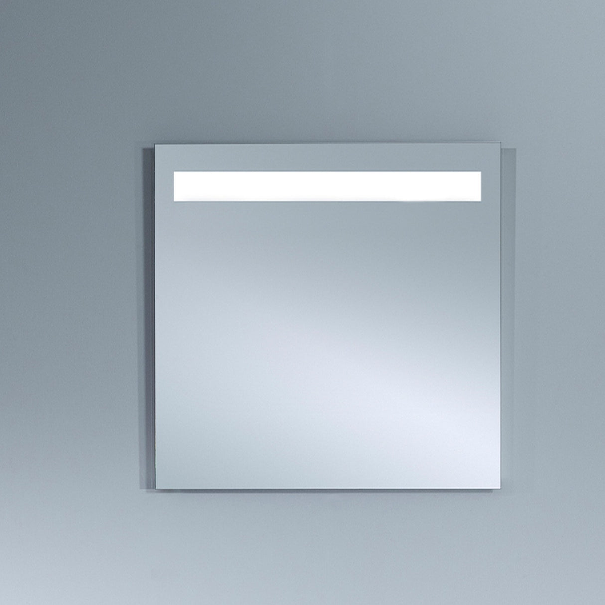 B.Light square wall mirror, 70cm, with a backlit horizontal LED strip inset near the top edge, plain mirrored glass panel on a light grey background.